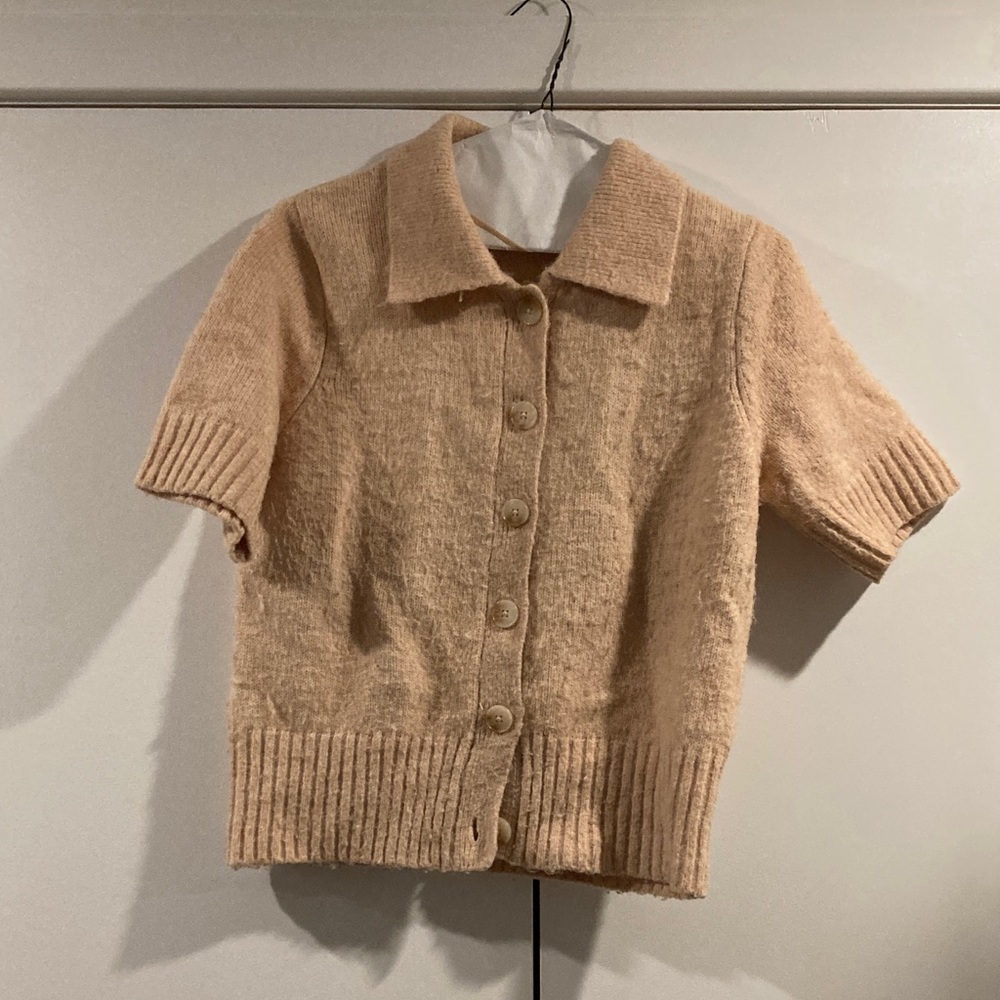 Tan Short Sleeve Button-Up Cardigan